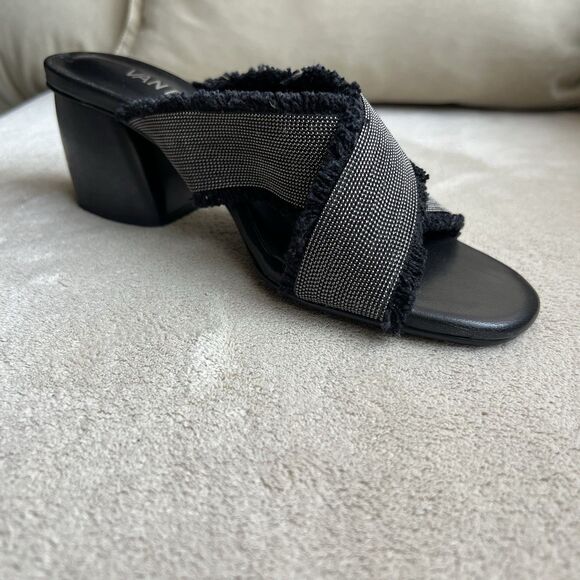 VANELi Baret Black Fringed Canvas Silver Small Studs Block Heel Sandal Women 6.5 - Picture 3 of 16